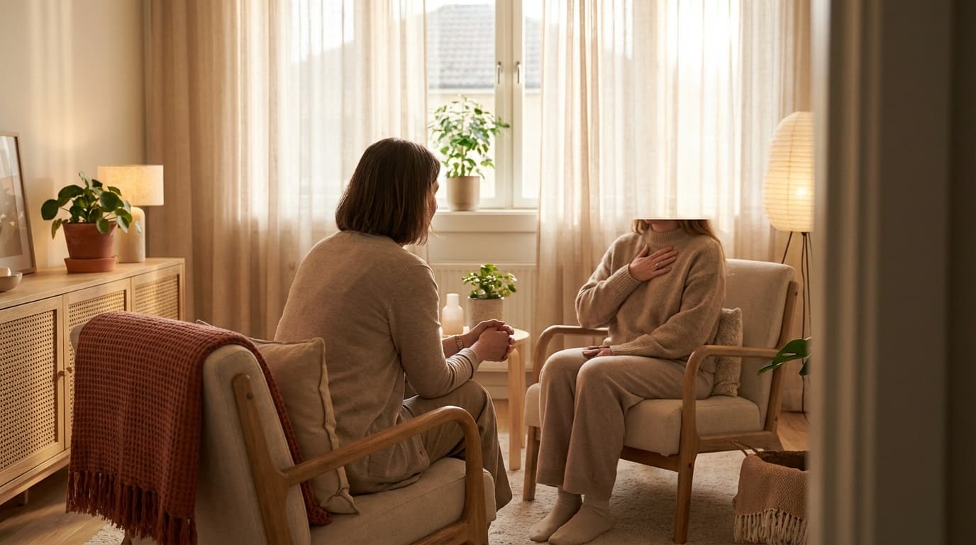 A warm therapy room where a somatic therapy session is taking place