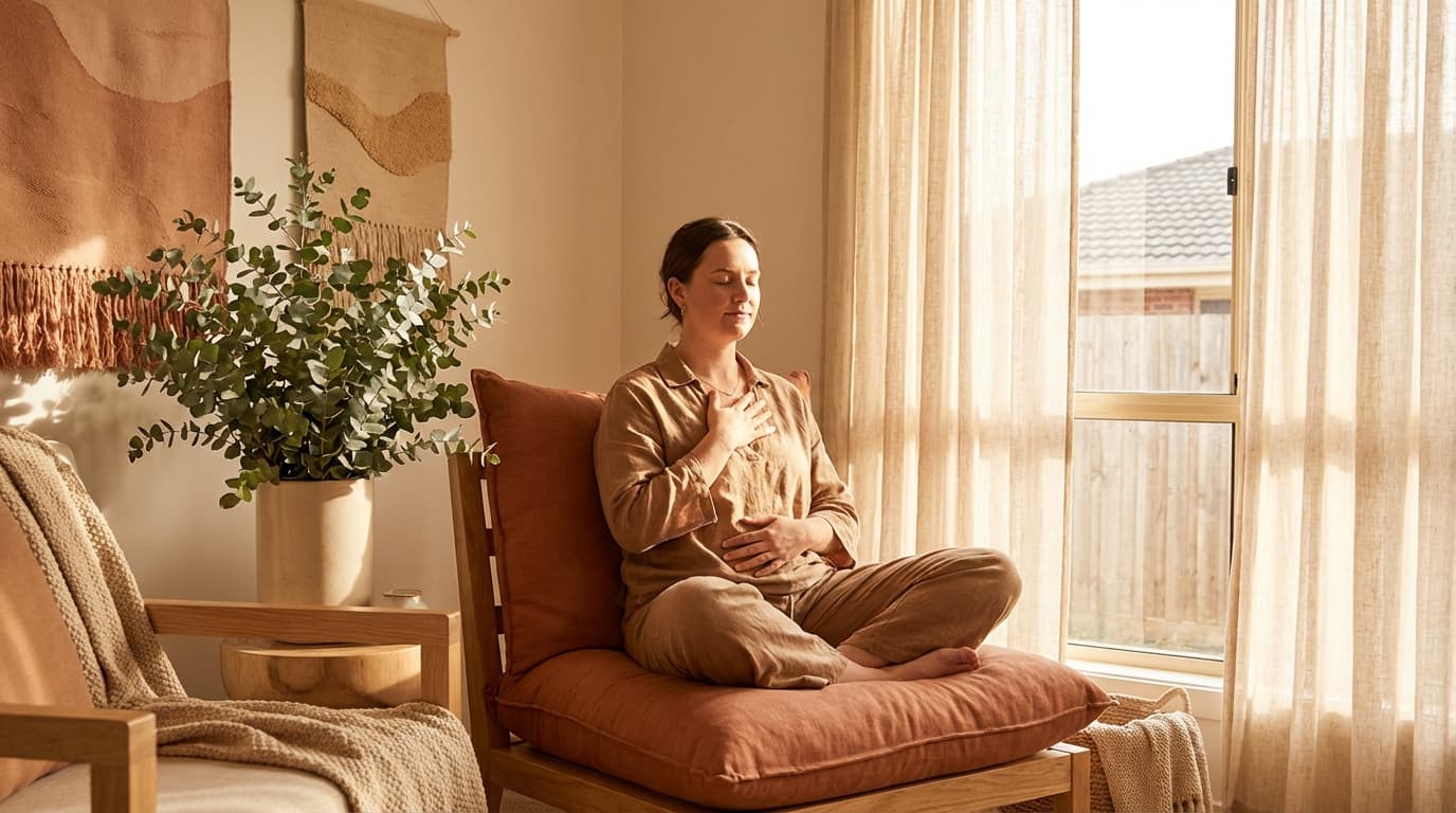 A person sitting peacefully in a warm, light-filled therapy room practising body awareness